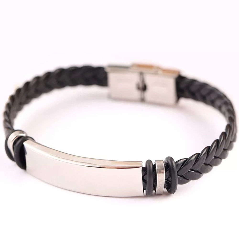 Black Leather and Stainless Steel Bracelet